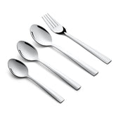 Flatware set with squared handles—fork and three spoons—arranged in a row on white background.